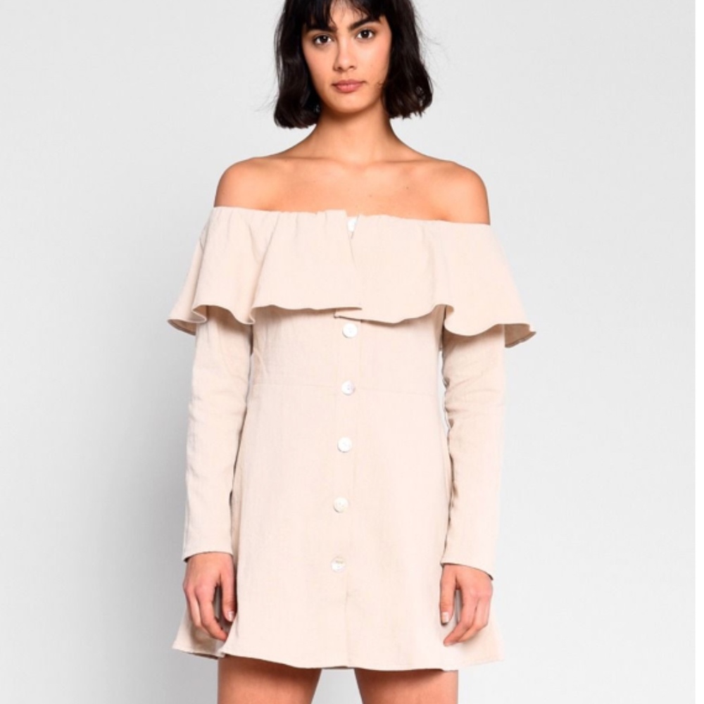 Glamorous Stone Frilled Button Front Bardot Dress